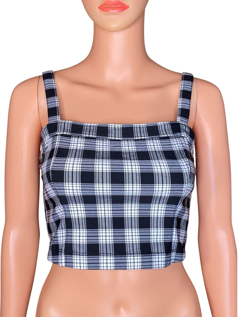 Hollister Plaid Crop Top Square Neck Black White w Adjustable Straps SZ SM